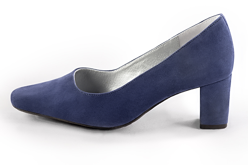 Prussian blue women's dress pumps,with a square neckline. Square toe. Medium block heels. Profile view - Florence KOOIJMAN